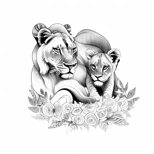 A lioness and cub surrounded by a wreath of flowers and leaves in a sketch style tattoo design idea