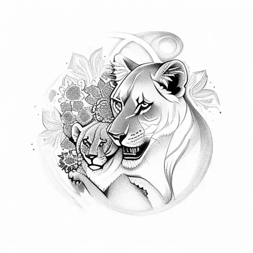 A lioness protecting her cub with a halo of flowers tattoo design idea