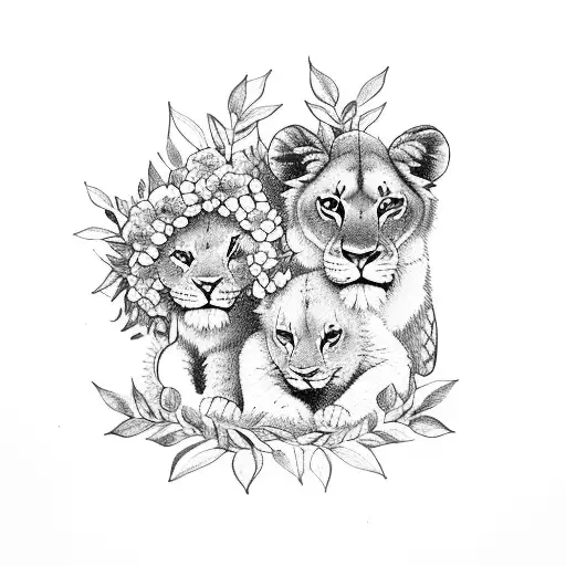 A lioness and cub surrounded by a wreath of flowers and leaves in a sketch style tattoo design idea