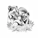 A lioness and cub surrounded by a wreath of flowers and leaves in a sketch style tattoo design idea