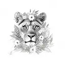 A lioness and cub surrounded by a wreath of flowers and leaves in a sketch style tattoo design idea