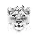 A lioness and cub surrounded by a wreath of flowers and leaves in a sketch style tattoo design idea