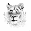 A lioness and cub surrounded by a wreath of flowers and leaves in a sketch style tattoo design idea