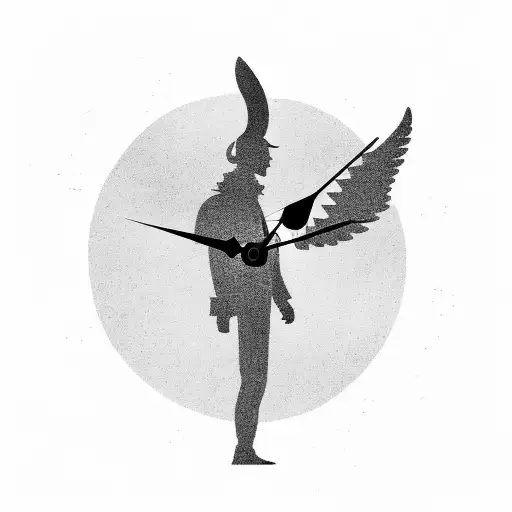 silhouette of a lonely man and a small crowd behind. angel deciding fate. clock. memento mori tattoo design idea