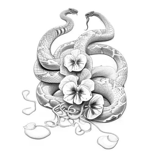 a big snake in many nasturtiums, large size to cover a hip and upper thigh tattoo design idea