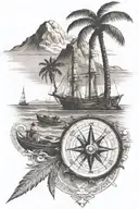 mountains in background beach in foreground with palm trees and stranded boat and nautical compass tattoo design idea
