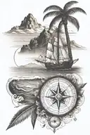 mountains in background beach in foreground with palm trees and stranded boat and nautical compass tattoo design idea