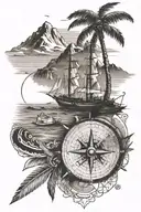mountains in background beach in foreground with palm trees and stranded boat and nautical compass tattoo design idea