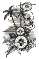 mountains in background beach in foreground with palm trees and stranded boat and nautical compass tattoo design idea