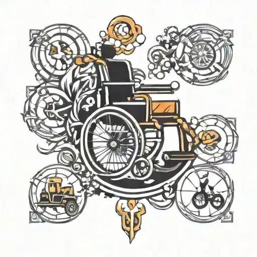 wheelchair symbol, balanced scale integrated, a circle with various icons representing different disabilities tattoo design idea
