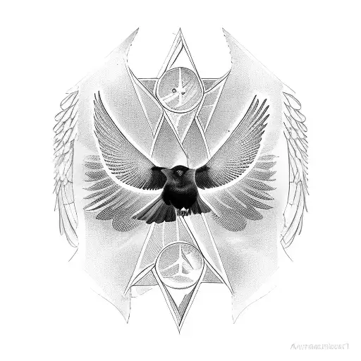 blackbird, wings spread, flying towards you, cross at the bottom tattoo design idea