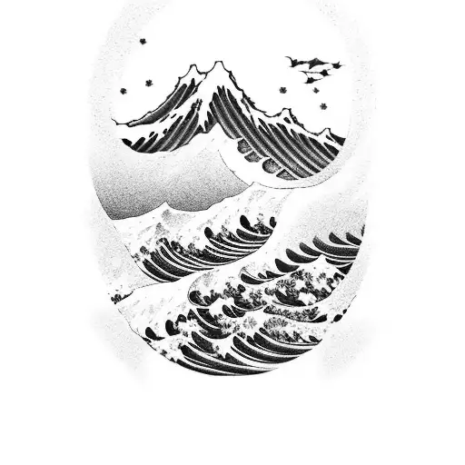 japaneese wave with the names Alex and Jon mixed into the water with a handshake mountain in the background tattoo design idea
