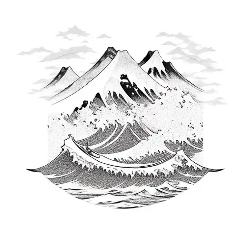 japaneese wave with the names Alex and Jon mixed into the water with a handshake mountain in the background tattoo design idea