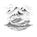 japaneese wave with the names Alex and Jon mixed into the water with a handshake mountain in the background tattoo design idea