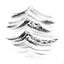 japaneese wave with the names Alex and Jon mixed into the water with a handshake mountain in the background tattoo design idea