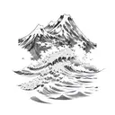 japaneese wave with the names Alex and Jon mixed into the water with a handshake mountain in the background tattoo design idea