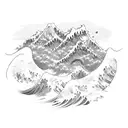 japaneese wave with the names Alex and Jon mixed into the water with a handshake mountain in the background tattoo design idea