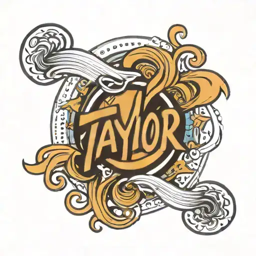 a tattoo design with the name 'Taylor' written vertically through the middle, featuring less waves, more sand, a sun pee tattoo design idea