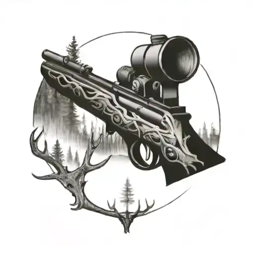 A black-grey tattoo of a hunting rifle intertwined with antlers and forest scenery tattoo design idea