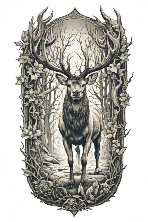 stag walking through a dense tattoo design idea