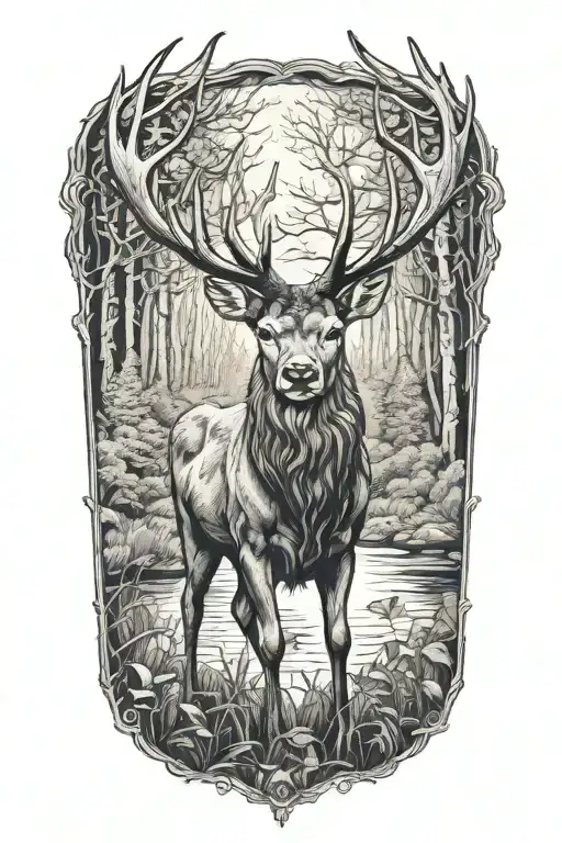 stag walking through a dense tattoo design idea