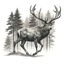a stag atanding in the middle of a forest with trees around and his antlers  strong  tattoo design idea