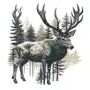 a stag atanding in the middle of a forest with trees around and his antlers  strong  tattoo design idea