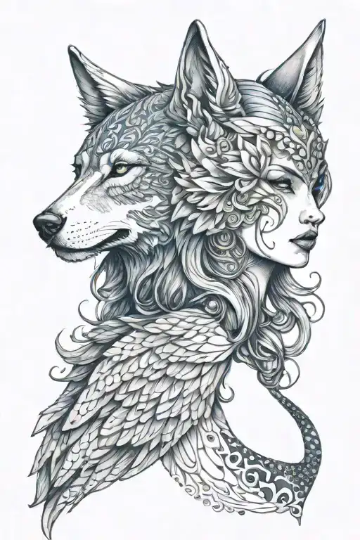 wolf woman wing blue tattoo design idea