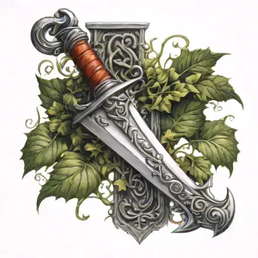 sword and scabbard crossed with ivy wrapped around it tattoo design idea