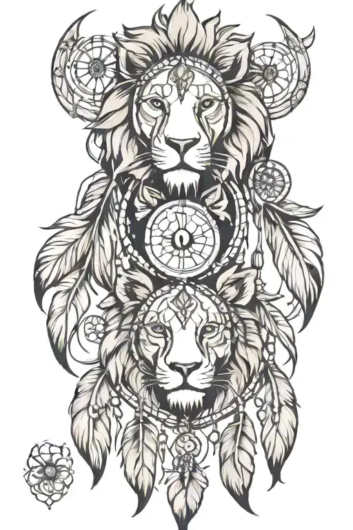 theatrical masks, lion, dream catcher with two pendants tattoo design idea