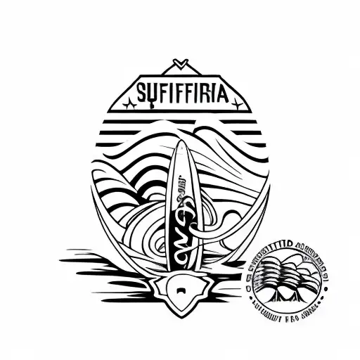 A surfboard with the "Coritiba" writing and a sunset background tattoo design idea