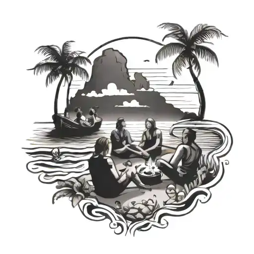 A beach scene tattoo with friends and family enjoying a sunset bonfire by the ocean tattoo design idea