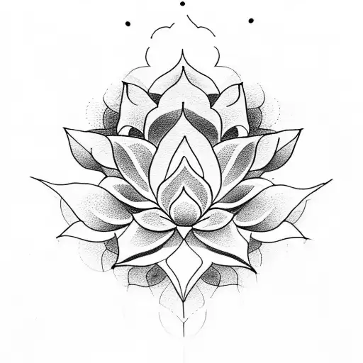 Dotwork tattoo of a girl meditating on a lotus flower, symbolizing inner peace and tranquility inspired by Bali tattoo design idea