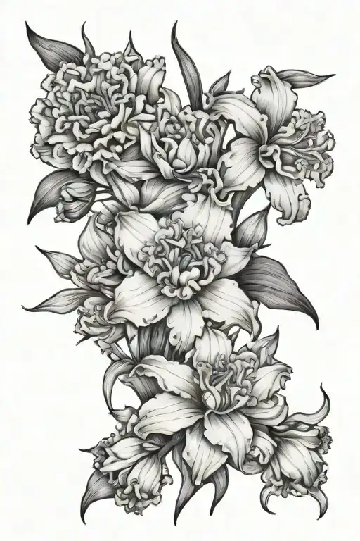 aster flower, carnation flower, iris flower, lily flower and narcissus flower tattoo design idea