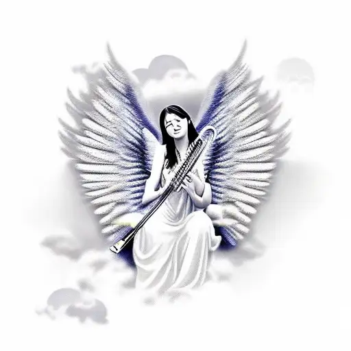 angel playing harp in the clouds tattoo design idea