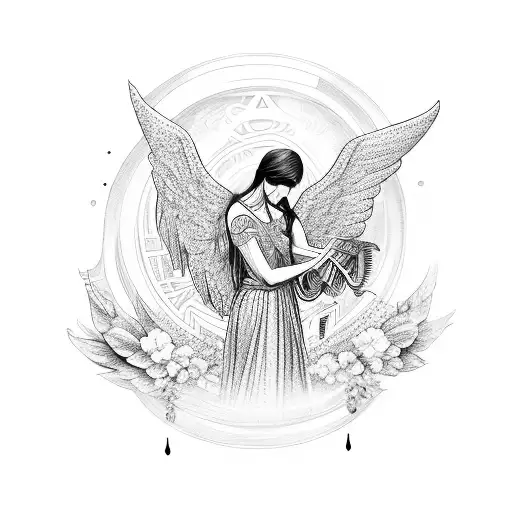 angel playing harp soothing  tattoo design idea
