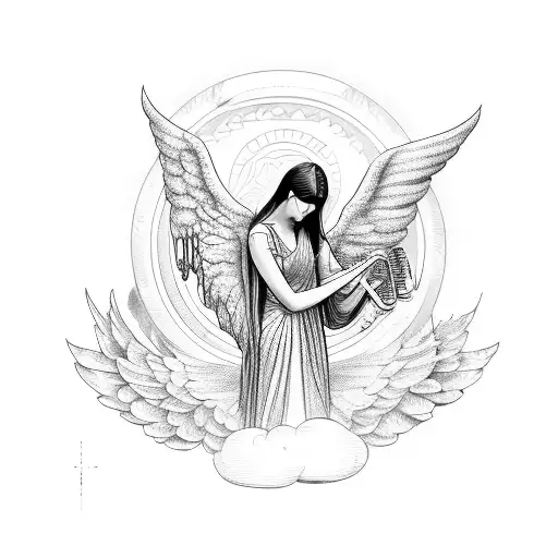 angel playing harp soothing  tattoo design idea