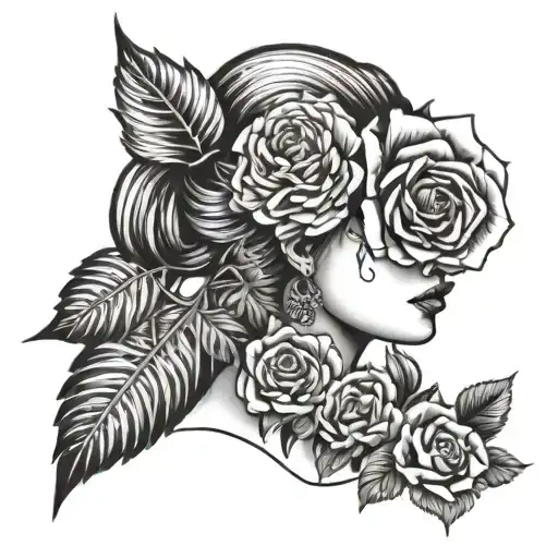 chichen itzá with woman's face with roses tattoo design idea