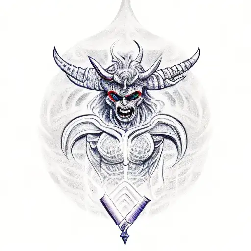 A demon holding a spear in front of a mystical temple tattoo design idea