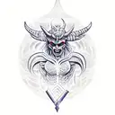 A demon holding a spear in front of a mystical temple tattoo design idea