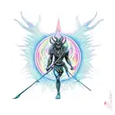 A demon holding a spear in front of a mystical temple tattoo design idea