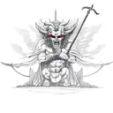 A demon holding a spear in front of a mystical temple tattoo design idea