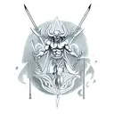 A demon holding a spear in front of a mystical temple tattoo design idea