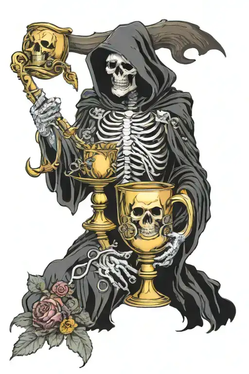 Grimm reaper sitting on misty throne drinking blood out of a gold chalice with golden brick road leading up and flowers  tattoo design idea
