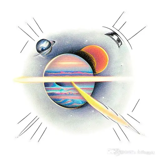Voyager probe golden disk surrounded by celestial objects tattoo design idea