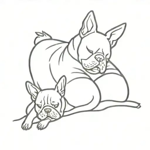 A minimalist tattoo of a person sleeping on a beach with a french bulldog curled up next to them tattoo design idea