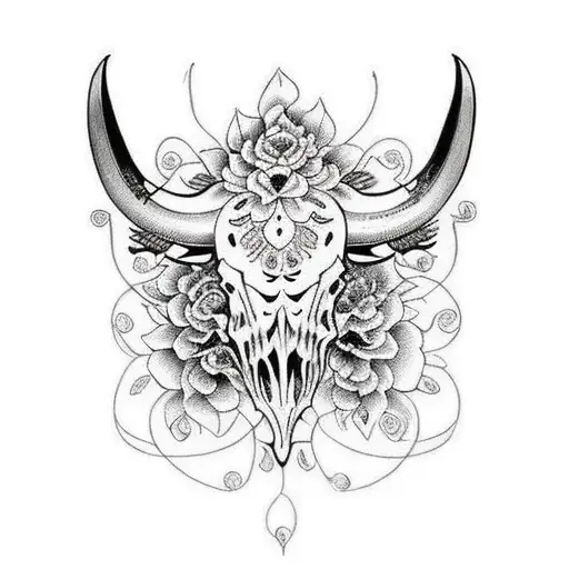A traditional style buffalo skull with intricate floral patterns tattoo design idea