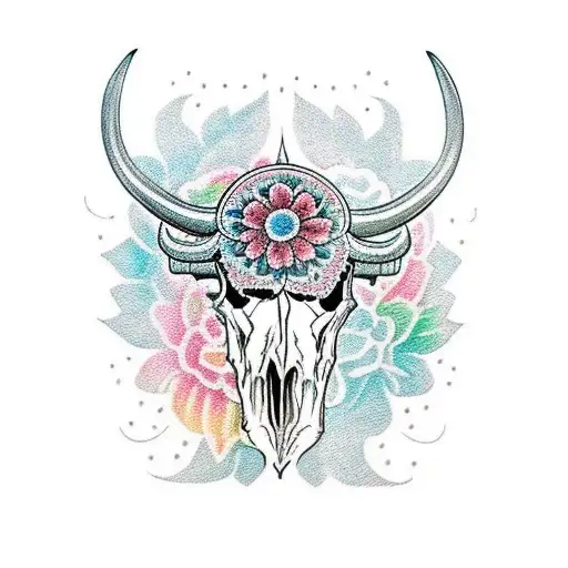 A traditional style buffalo skull with intricate floral patterns tattoo design idea