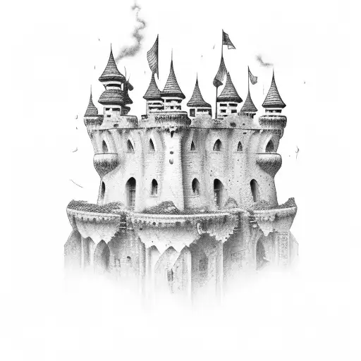 a king standing thex ruined castle  tattoo design idea