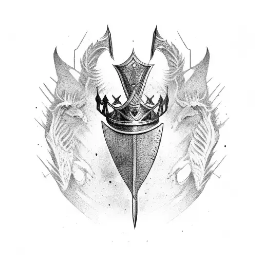 a king with two swords standing next to a ruined castle  tattoo design idea